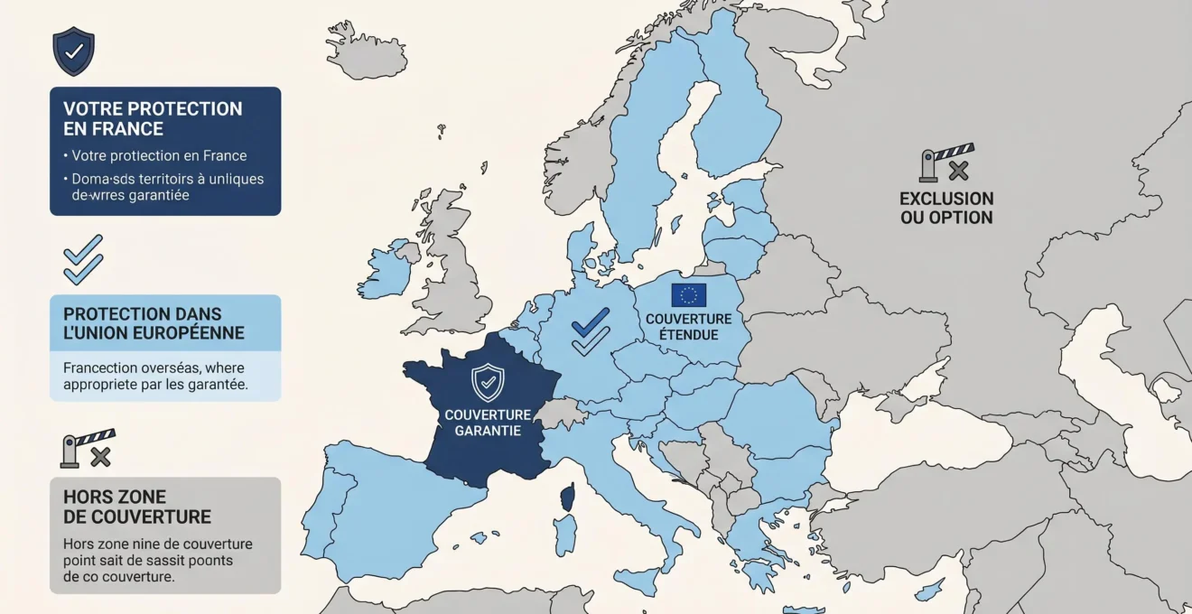Carte stylisée de l'Europe en flat design montrant les différentes zones de couverture d'assurance automobile : France, Union Européenne et reste du monde