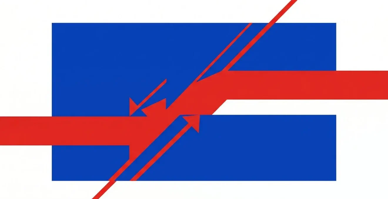 Composition géométrique abstraite montrant une bande rouge obstruant un rectangle bleu, symbolisant la franchise d'assurance comme obstacle à l'indemnisation complète