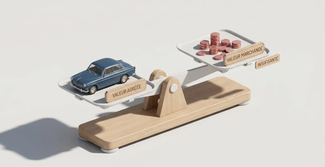 Illustration 3D d'une balance déséquilibrée comparant la valeur agréée d'un véhicule de collection avec des pièces de monnaie représentant la valeur vénale insuffisante