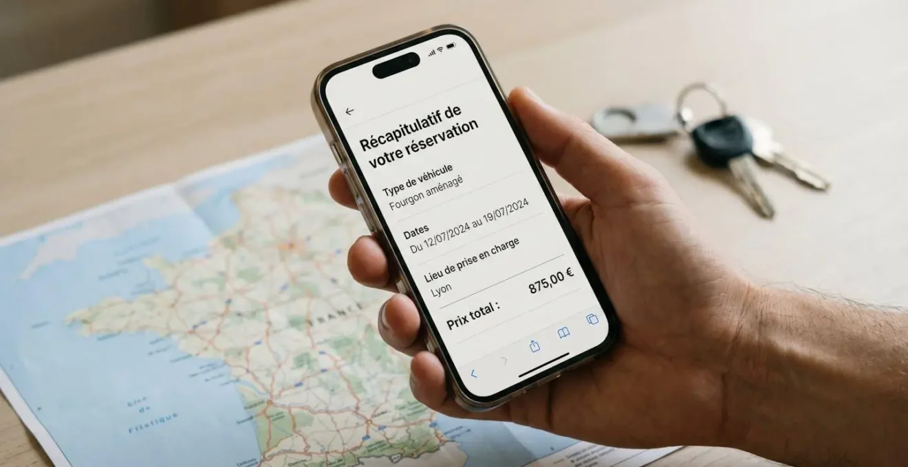 Main tenant un smartphone affichant un récapitulatif de réservation van, carte routière de France et clés en arrière-plan