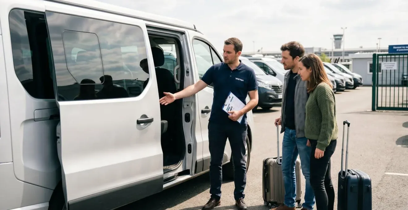 Professionnel WeVan expliquant les équipements du van à un couple de voyageurs devant l'agence de location près de l'aéroport