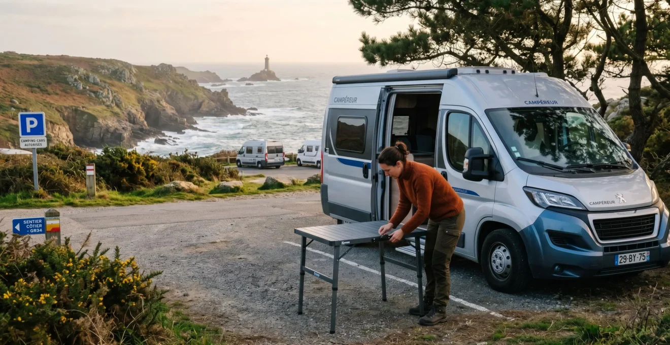 Van aménagé stationné sur une aire naturelle en bord de mer, voyageuse installant une table extérieure pour un repas